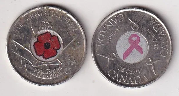 2 Different Canada 25 Cents Rare Coloured (2 Coin) Set
