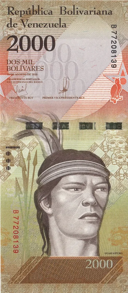 2000 Bolívares of Venezuela Country (AD 2016) with Portrait of Cacique Guaicaipuro/Harpy Eagle at centre, Ucaima Falls, Kurun & Venado Tepuys