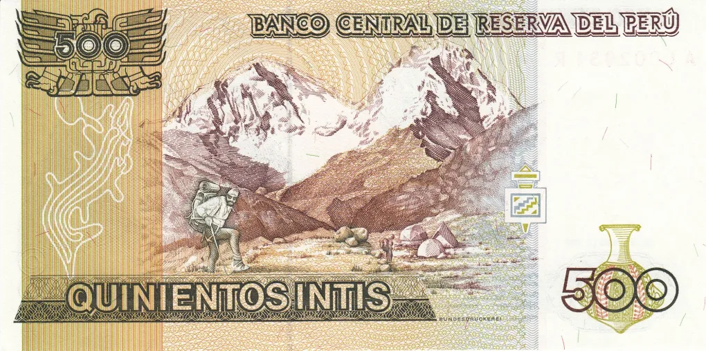 500 Intis of Peru Country (AD 1987) with Portrait of Jose Gabriel Condorcanqui/Huascarán mountain and climber UNC Grade