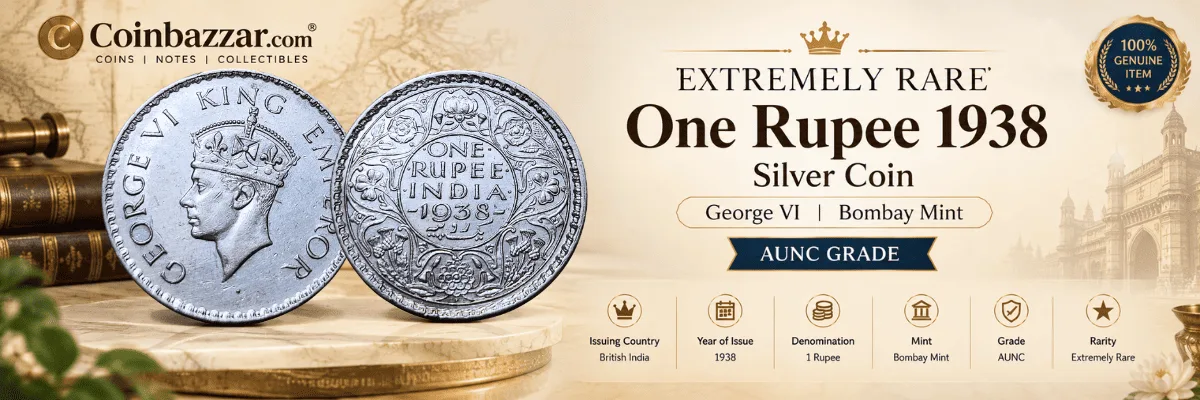 One Rupee 1938 silver coin, George VI, Bombay Mint